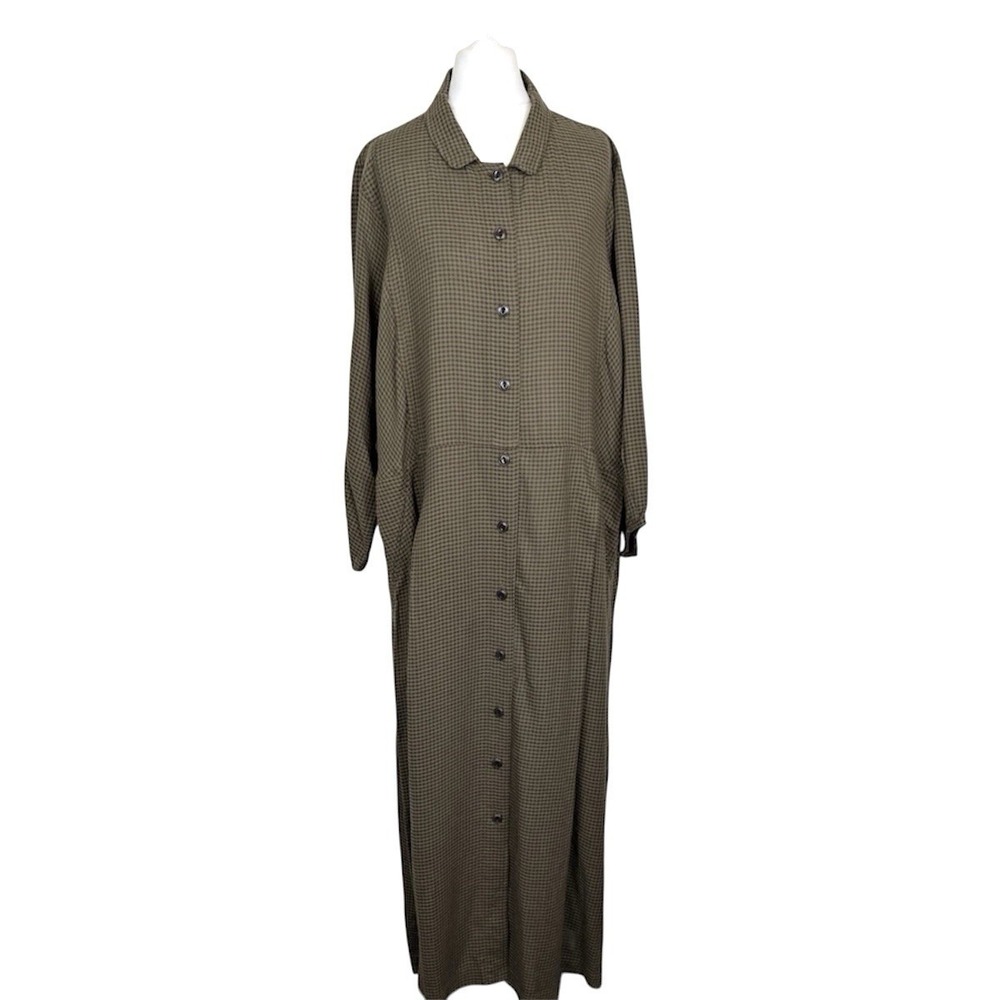 POETRY Olive green Gingham Wool Blend Maxi Shirt Dress Sz 14 Lagenlook Artsy